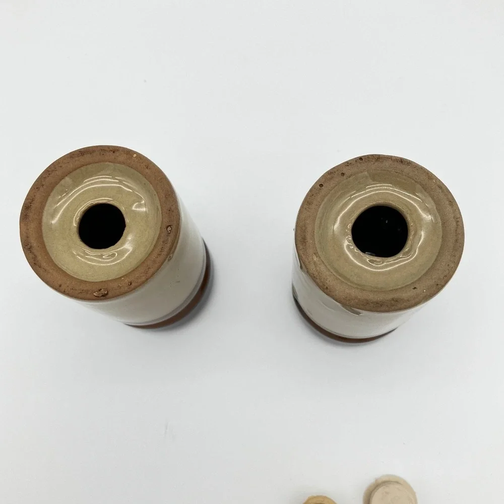 Vintage Salt & Pepper Shakers Set 4.25in Brown Dip Glaze Stoneware MCM Retro